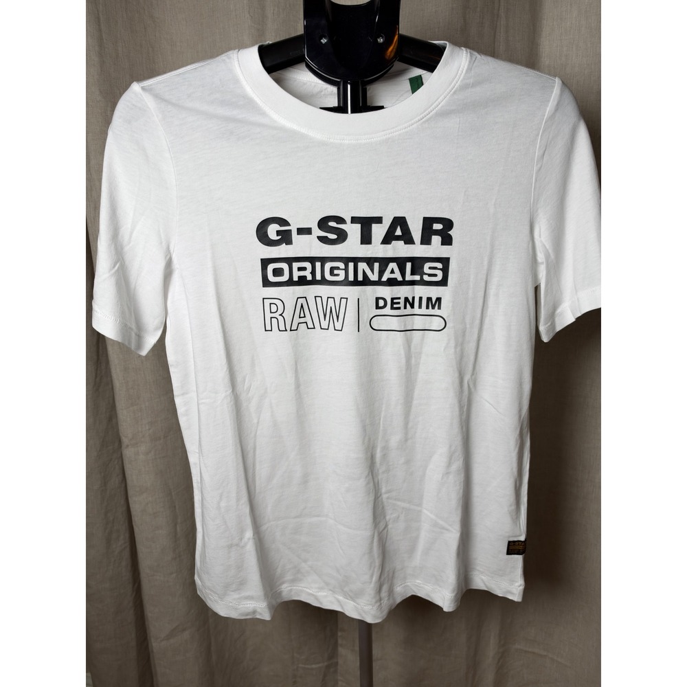 G Star RAW Originals Label Graphic Tee Women's Small White Streetwear NWT
